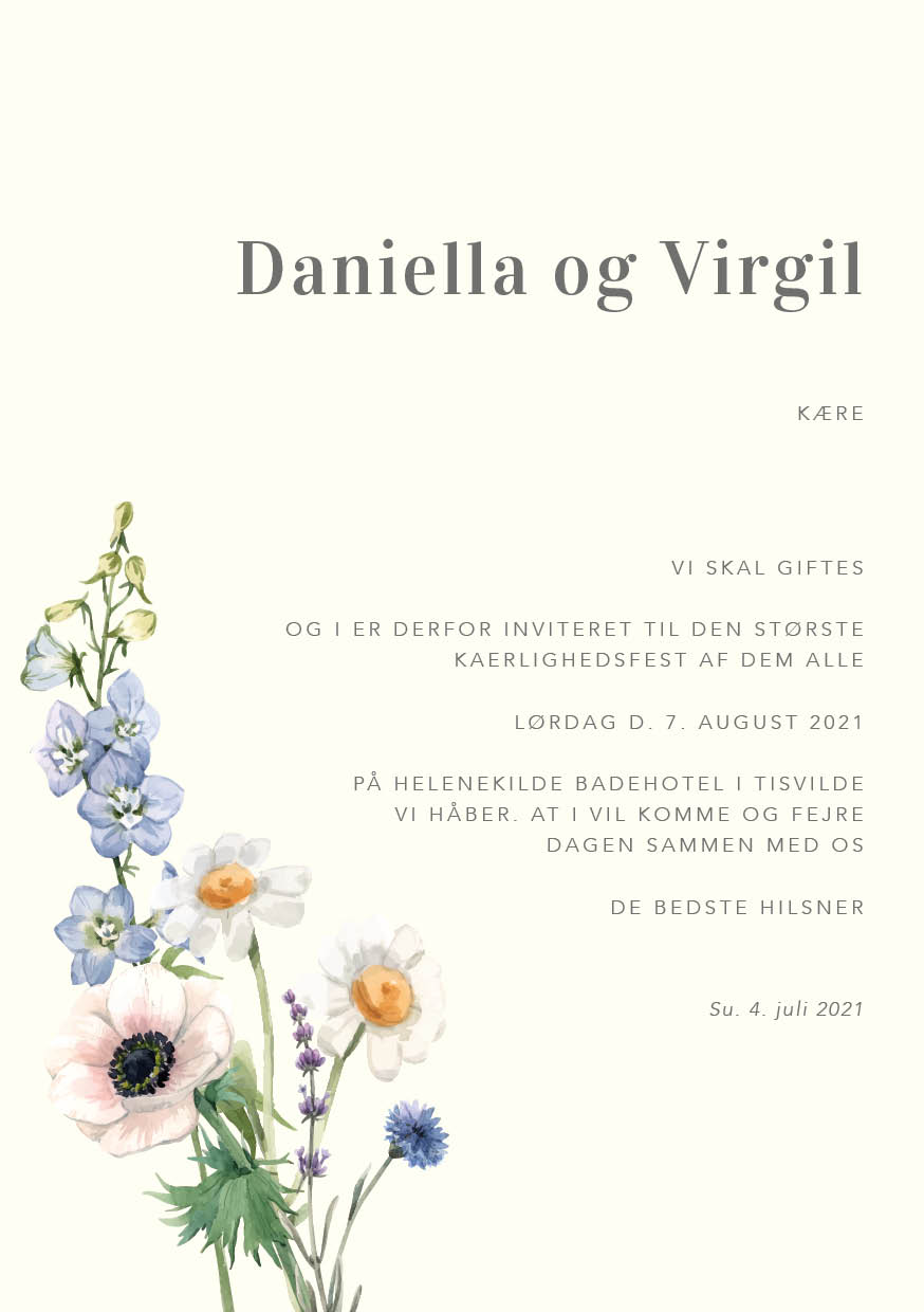 
                Dejligste bryllupsinvitation perfekt til stemningen som fx. et udendørsbryllup. Skønt illustreret med grøftekantsblomster. Her er god plads til tekst på forsiden og de øvrige praktiske oplysninger for den store bryllupsdag kan indsættes på bagsiden. Der er desuden mulighed for design af alt det relateret tilbehør af festpynt I skulle få brug for i samme design såsom matchende velkomstskilt, salmehæfte, bordoversigt, bordkort, menukort, drinkskort, takkekort mm.                